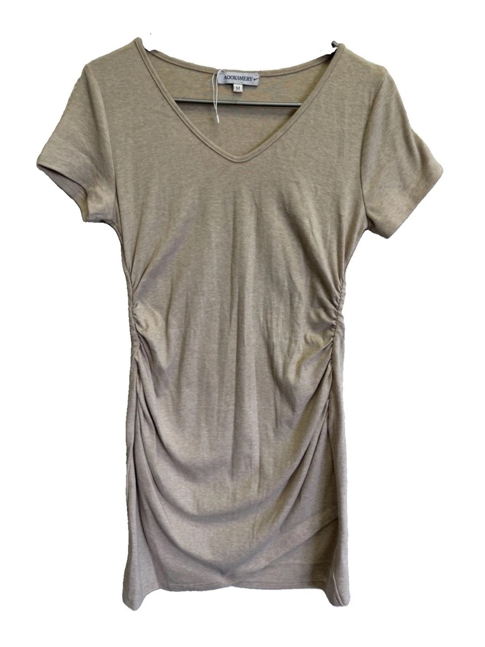 AOOKSMERY Women’s Beige Tan Ruched V-Neck Knit Stretch Bodycon Mini Dress M